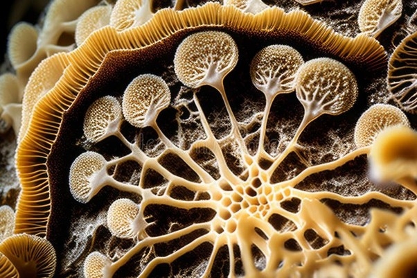 Natural fungus mycelium network texture closeup
